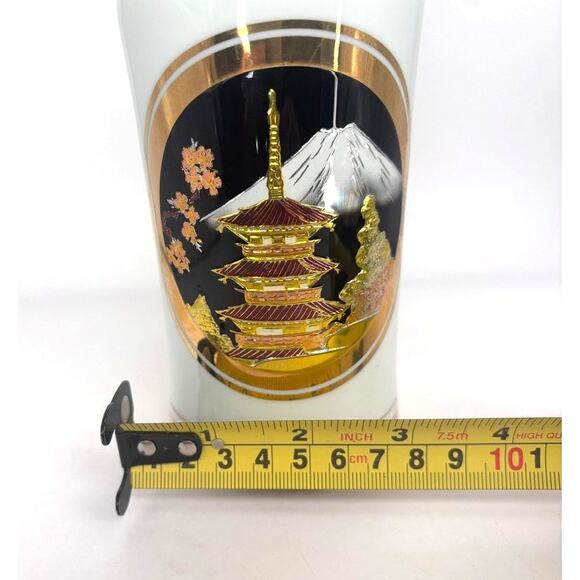 Vintage Vase Chokin Art Made in Japan Temple & Mt. Fuji Gold Silver Copper White - Picture 11 of 11